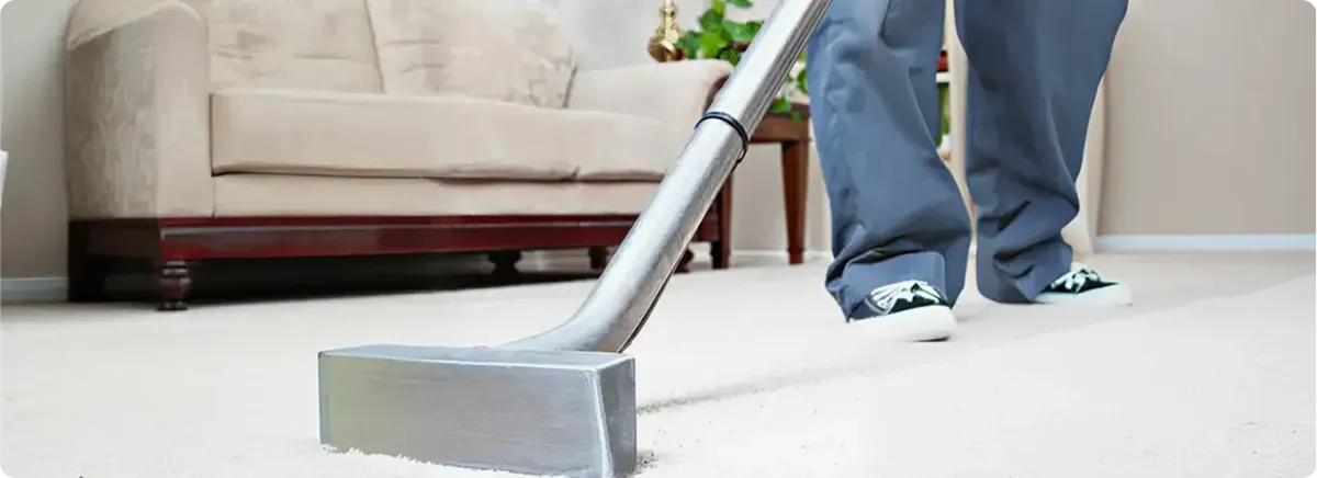 Carpet cleaning technician using a hot-water extraction wand on a light-colored carpet in a living room, Chattanooga, TN.